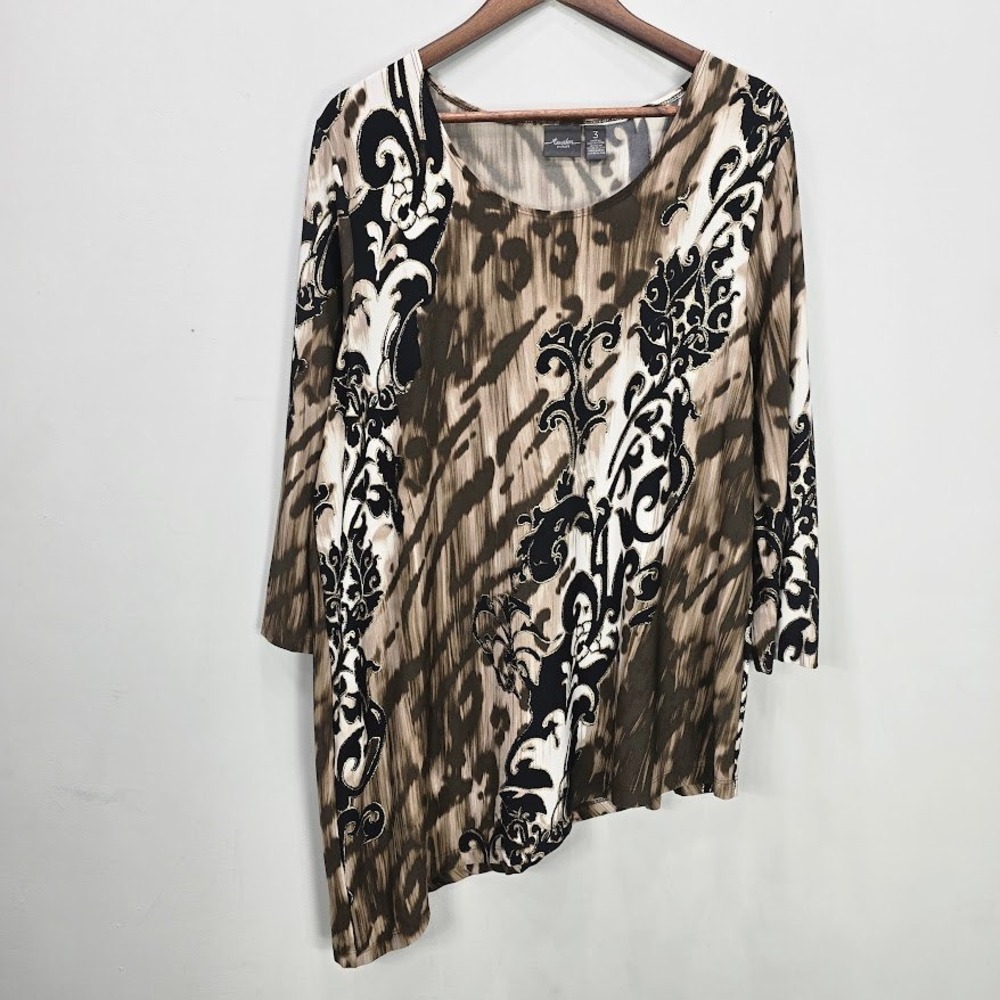 Chico's Travelers Tunic Top 3 XL Brown Black Animal Print‎ Asymmetric Hem Mature